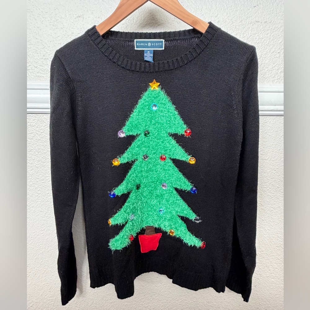Karen Scott Black Christmas Sweater with Christmas Tree and Jewel Embellishment